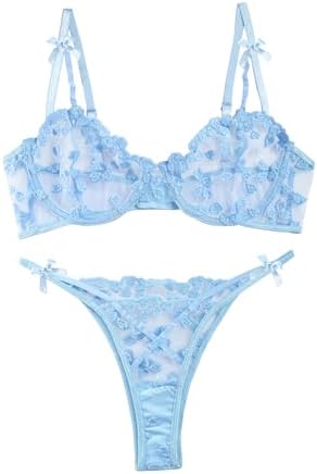 Sexy Underwire Cute Push Up Strappy Embroidered Mesh Sheer Lingerie Set See Through Panty Bra