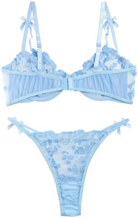 Sexy Underwire Cute Push Up Strappy Embroidered Mesh Sheer Lingerie Set See Through Panty Bra