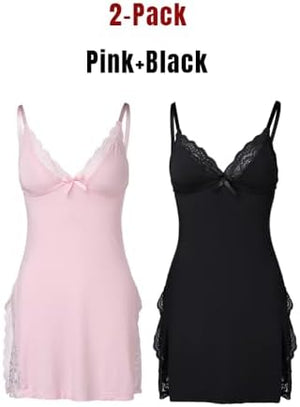CHICME Women's Lace Trim Side Slit Modal Cami Sleep Dress Loungewear Cute Night Gowns for Women