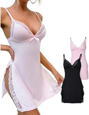 CHICME Women's Lace Trim Side Slit Modal Cami Sleep Dress Loungewear Cute Night Gowns for Women