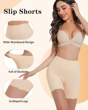 Women's High Waisted Cooling Slip Shorts - Anti Chafing Under Dress Shorts for Women, Scalloped Edge Safety Shorts