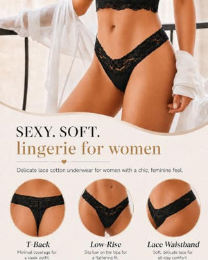 Cotton Underwear for Women Lace Sexy Soft Thongs Low Rise T-Back Lingerie Stretchy Ladies Panties