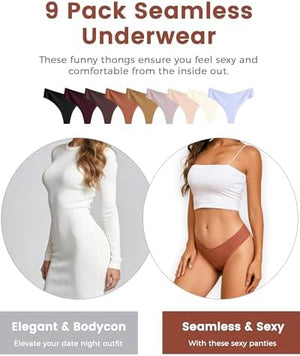 Womens Underwear Seamless Thongs 9 Pack Sexy Panties No Show V-waisted Invisible Tangas Lingerie for Women