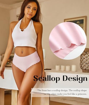 High Waisted Seamless Underwear for Women No Show Panties Cheeky Scalloped Edge Bikini Breathable Briefs 6 Pack