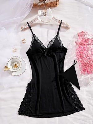 Sexy Split Side Floral Lace Trim Full Slip Night Gown Babydoll Lingerie Dress with Thong 2 piece
