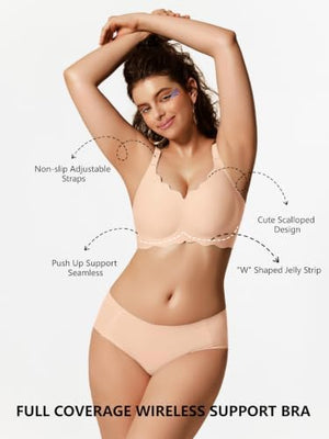 Jelly Bras for Women No Underwire Scalloped Push Up Wireless Bralettes Seamless Soft Comfort Everyday Tshirt Bra