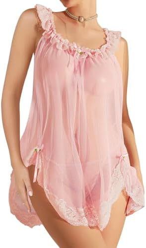 Sexy Bows Split Side Ruffle Lace Mesh Sheer Babydoll Lingerie Dress Nightgown Set with Thong 2 Piece