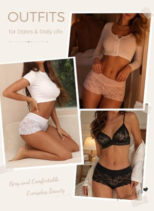 Lace Boyshort Sexy Underwear Womens Panties Cheeky Plus Size Lingerie Stretch Cotton Waistband S-3XL 5 Pack