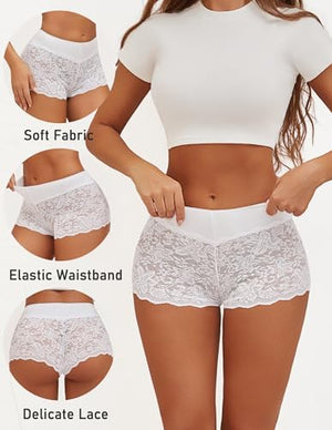 Lace Boyshort Sexy Underwear Womens Panties Cheeky Plus Size Lingerie Stretch Cotton Waistband S-3XL 5 Pack