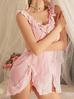 Sexy Bows Split Side Ruffle Lace Mesh Sheer Babydoll Lingerie Dress Nightgown Set with Thong 2 Piece