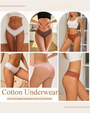 Womens Cotton Underwear Sexy Lace Brazilian Panties Soft Breathable Cotton Bikini for Ladies 6 Pack
