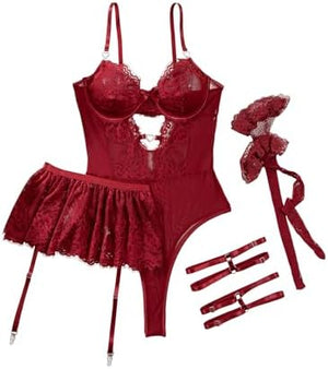Sexy Stocking Rhinestones Heart Garter Underwire Floral Mesh lace Sheer Babydoll Lingerie Teddy Bodysuit Skirt Set
