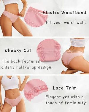 Women Cotton Underwear Sexy Criss Cross Lace Trim Low Rise Cheeky Bikini Panties 6 Pack