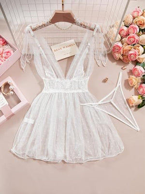 Sexy Polka Dots Mesh Sheer Lace Babydoll Chemise Lingerie Set Floral Sleep Wear
