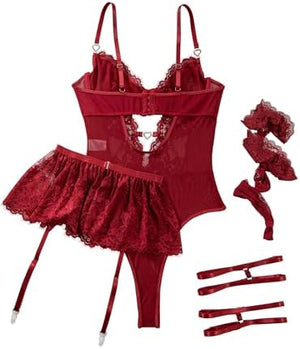 Sexy Stocking Rhinestones Heart Garter Underwire Floral Mesh lace Sheer Babydoll Lingerie Teddy Bodysuit Skirt Set