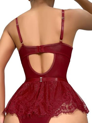 Sexy Stocking Rhinestones Heart Garter Underwire Floral Mesh lace Sheer Babydoll Lingerie Teddy Bodysuit Skirt Set