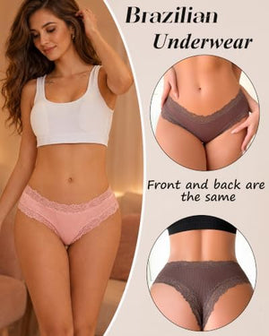 Womens Cotton Underwear Sexy Lace Brazilian Panties Soft Breathable Cotton Bikini for Ladies 6 Pack