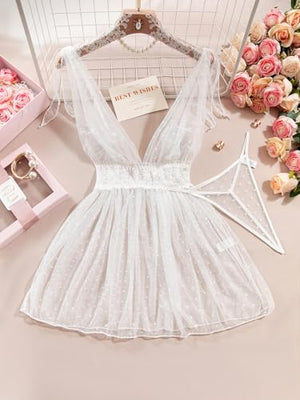 Sexy Polka Dots Mesh Sheer Lace Babydoll Chemise Lingerie Set Floral Sleep Wear