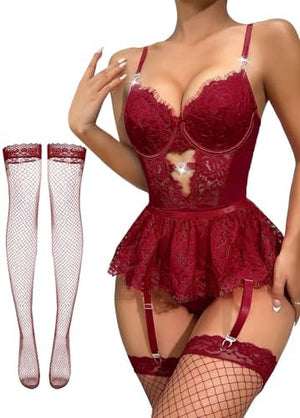 Sexy Stocking Rhinestones Heart Garter Underwire Floral Mesh lace Sheer Babydoll Lingerie Teddy Bodysuit Skirt Set