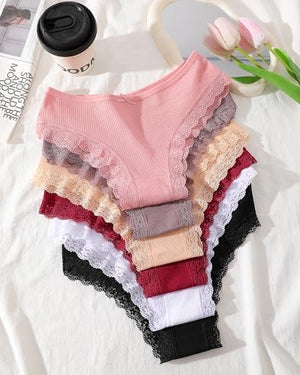 Women Cotton Underwear Sexy Criss Cross Lace Trim Low Rise Cheeky Bikini Panties 6 Pack