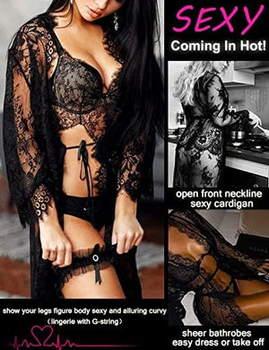 Women's Lace Kimono Robe Babydoll Lingerie Mesh Nightgown S-5XL