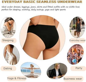 6 Pack Women's Seamless Hipster Underwear No Show Panties Invisibles Briefs Soft Stretch Bikini Underwears XS-XL