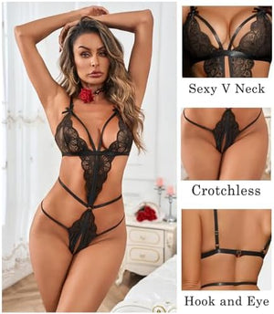 Sexy Crotchless Lingerie for Women Naughty One Piece Deep V Lace Bodysuit Cut Out Teddy Babydoll Nightgown