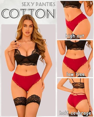 Women Cotton Underwear Sexy Criss Cross Lace Trim Low Rise Cheeky Bikini Panties 6 Pack