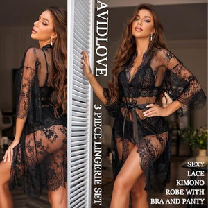 Women Sexy Lingerie Set 3 Piece Bra and Panty Sets with Lace Kimono Robe Sleepwear Mesh Nightgown