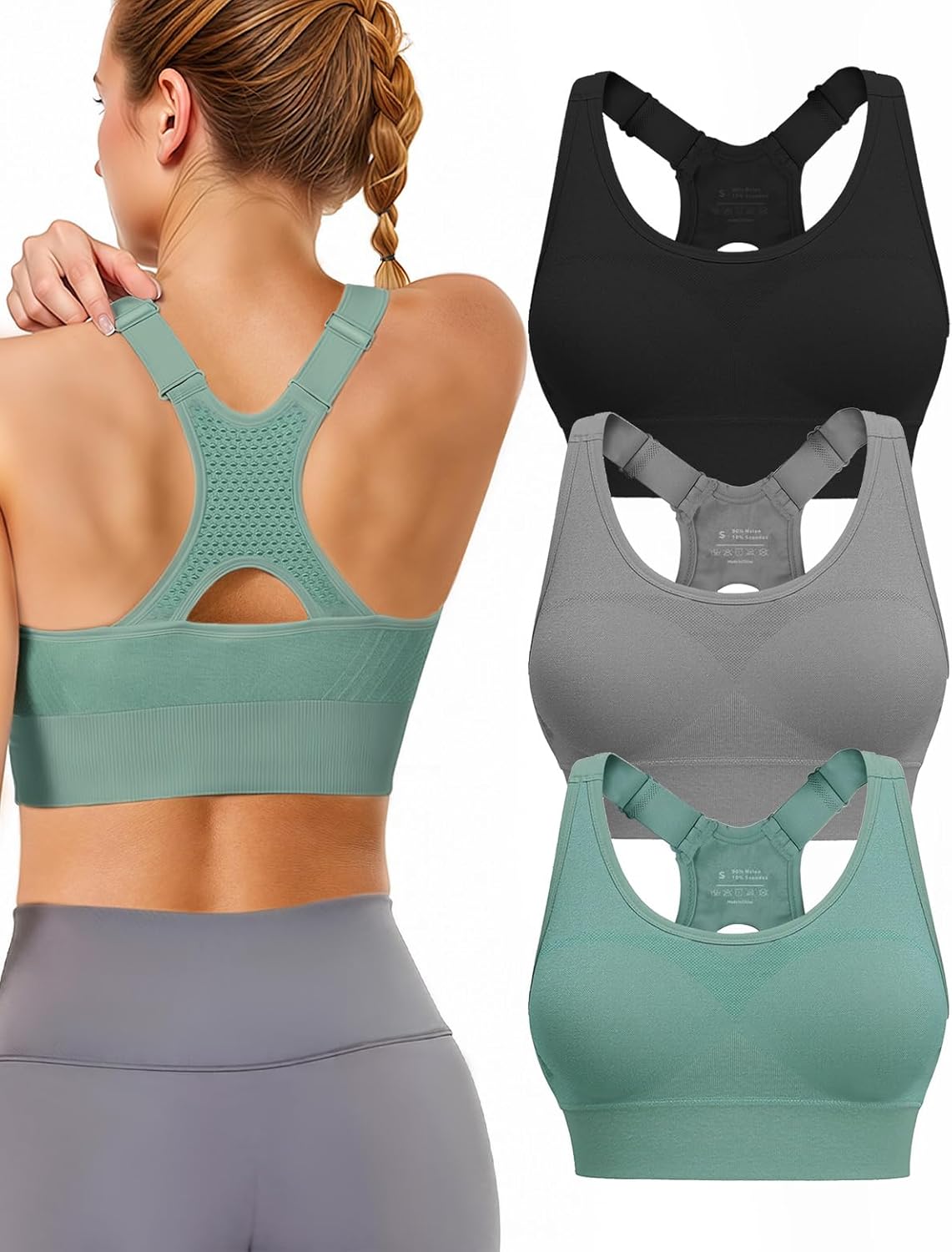 Adjustable Sports Bras for Women High Support, Padded Racerback Bra