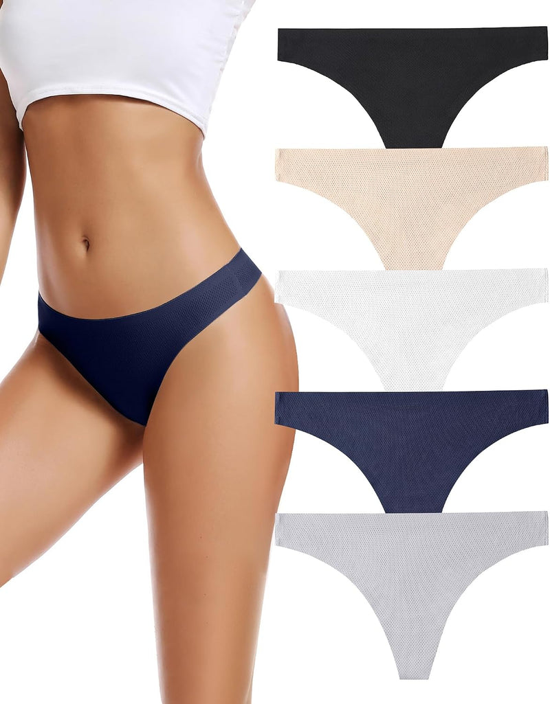 Seamless Women Underwear Thongs,No Show Ladies Thong,No Line Workout Breathable Comfortable Panties,Soft Undies,5-Pack