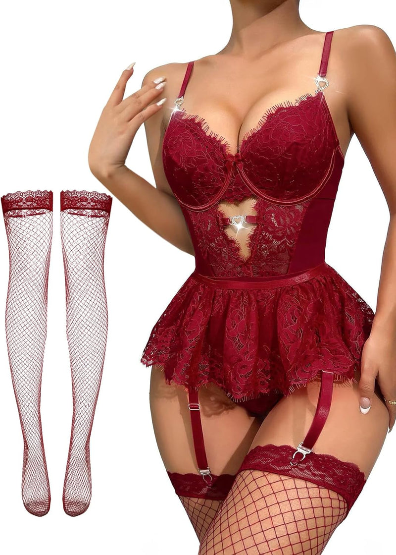 Sexy Stocking Rhinestones Heart Garter Underwire Floral Mesh lace Sheer Babydoll Lingerie Teddy Bodysuit Skirt Set