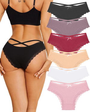 Women Cotton Underwear Sexy Criss Cross Lace Trim Low Rise Cheeky Bikini Panties 6 Pack
