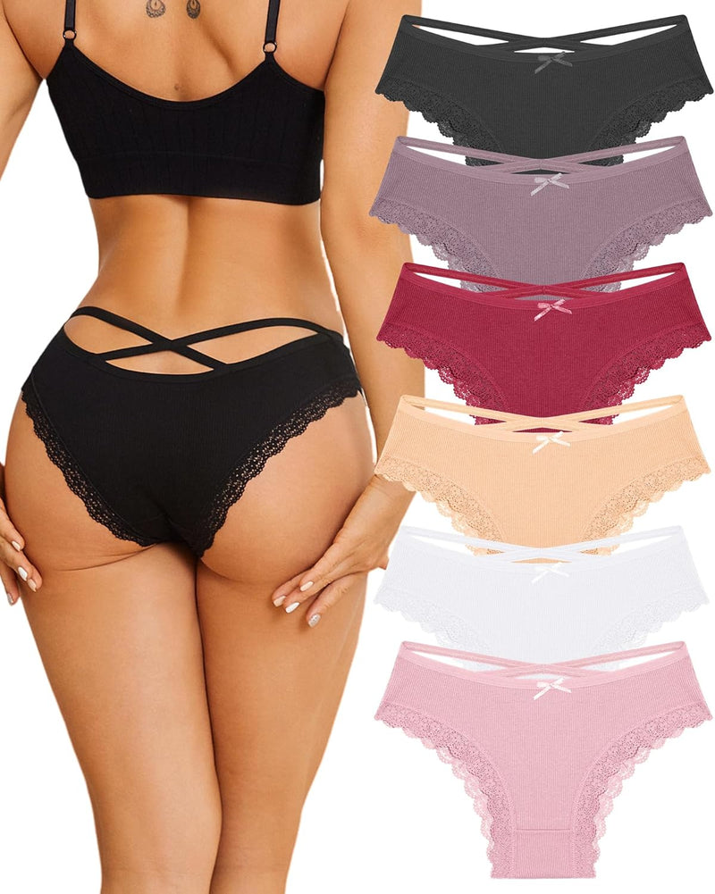 Women Cotton Underwear Sexy Criss Cross Lace Trim Low Rise Cheeky Bikini Panties 6 Pack