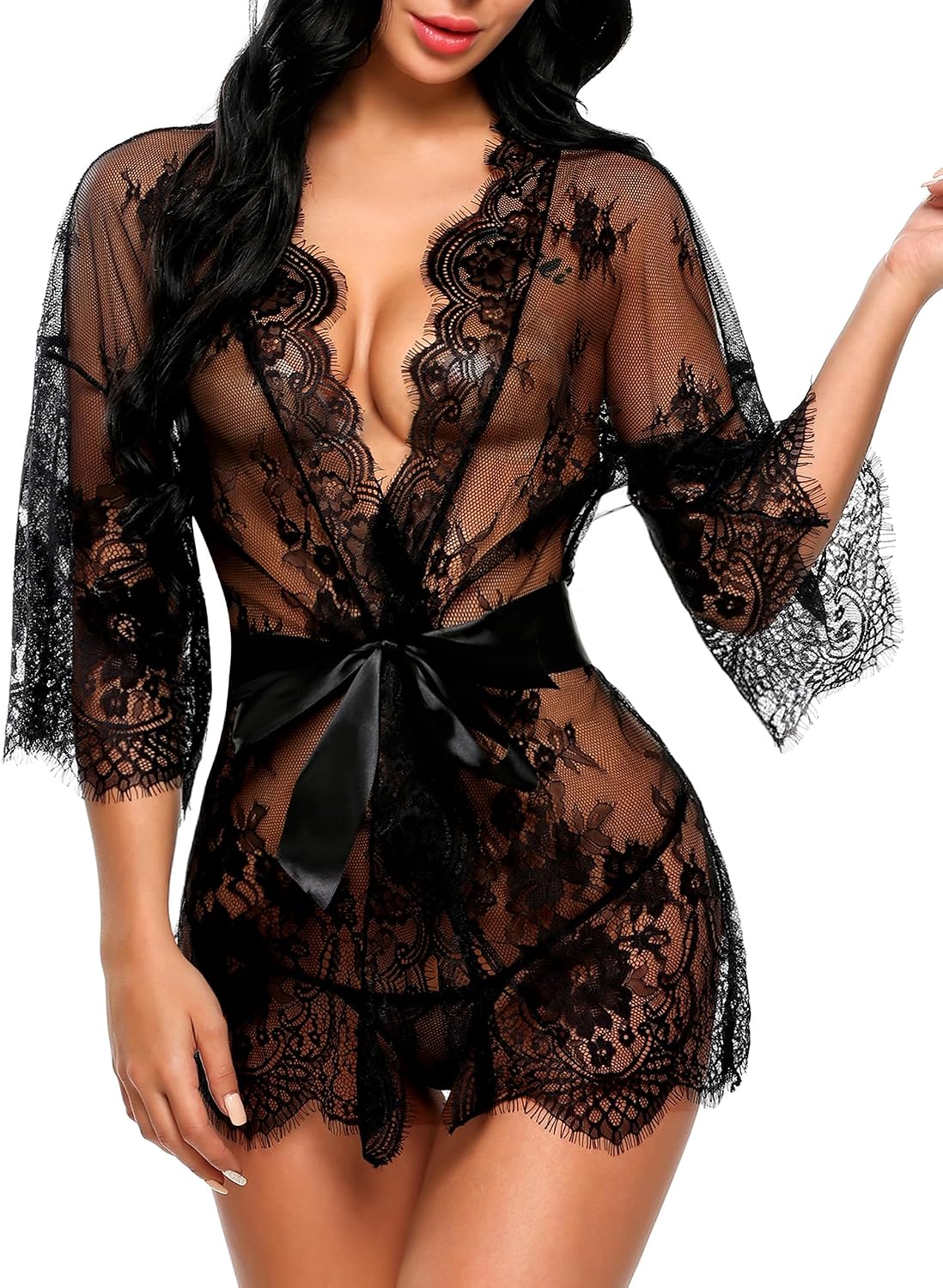 Women's Lace Kimono Robe Babydoll Lingerie Mesh Nightgown S-5XL