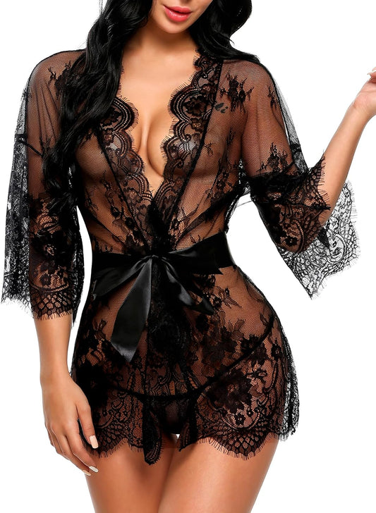 Women's Lace Kimono Robe Babydoll Lingerie Mesh Nightgown S-5XL
